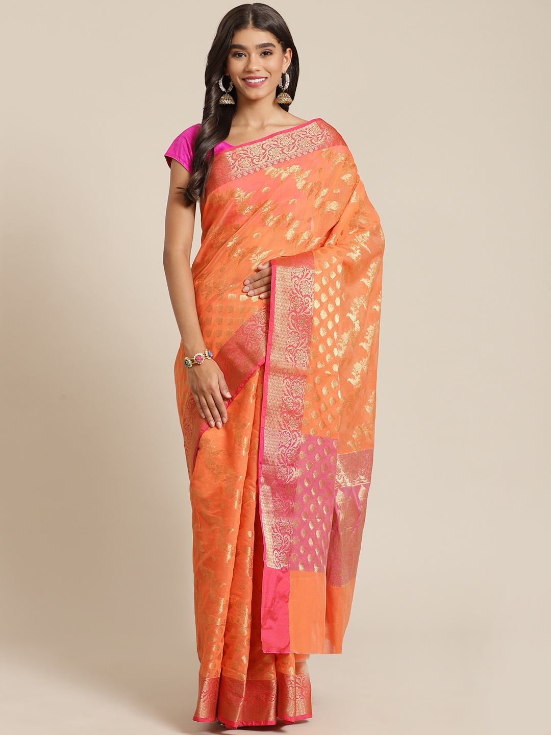 

Banarasi Style Orange Woven Design Silk Cotton Banarasi Saree