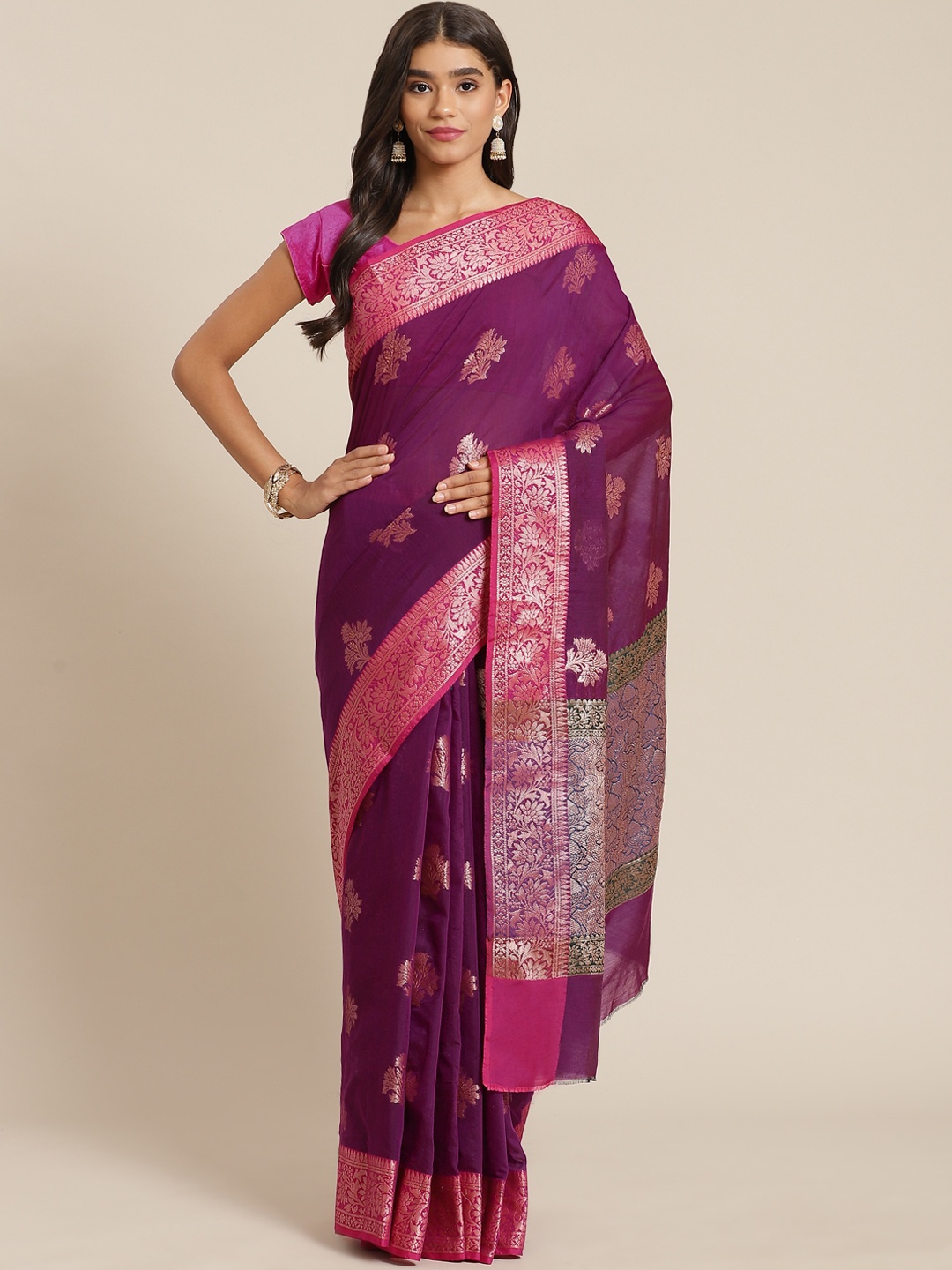 

Banarasi Style Purple & Golden Ethnic Motifs Silk Cotton Banarasi Saree