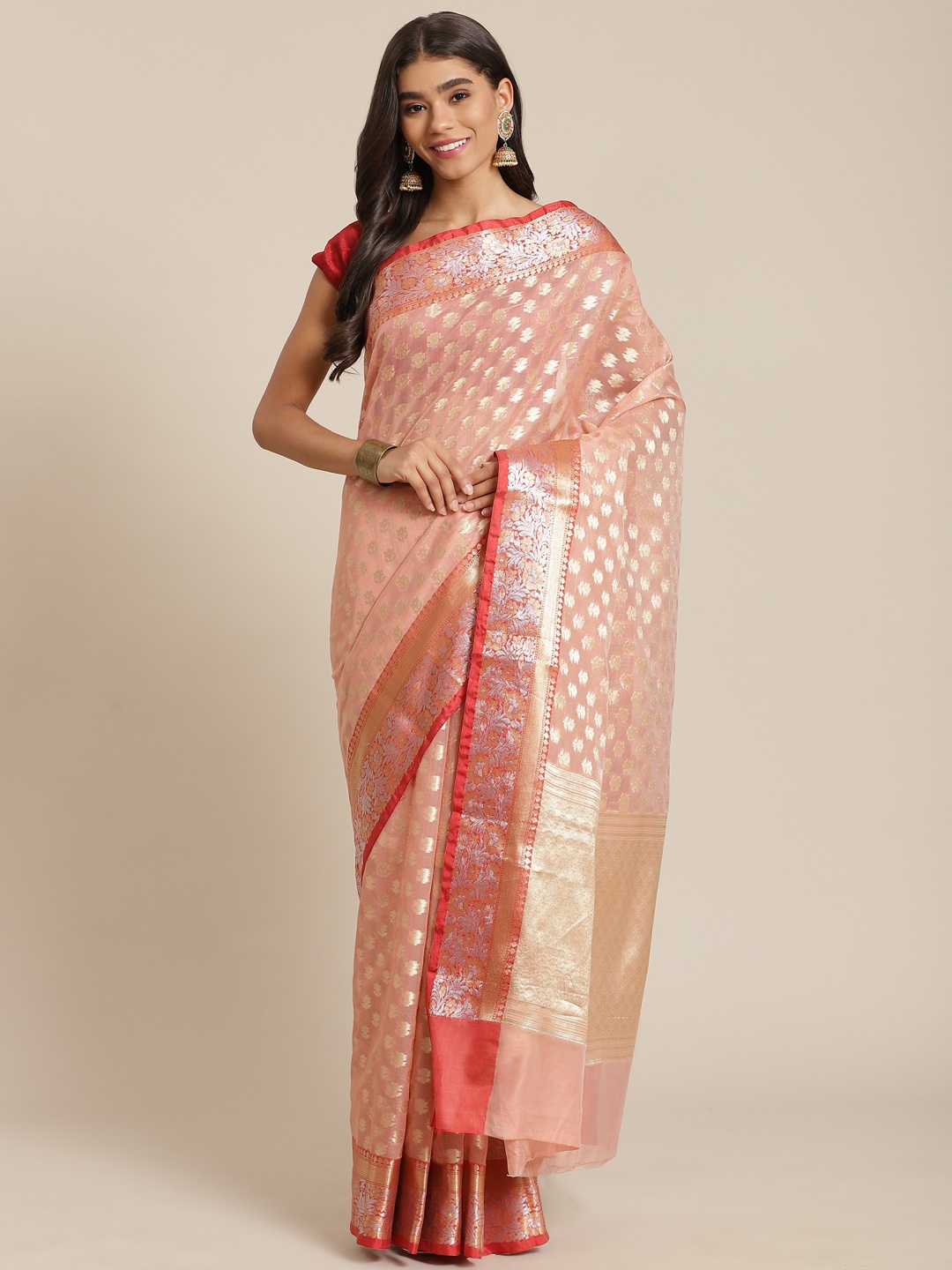 

Banarasi Style Pink & Gold-Toned Woven Design Silk Cotton Banarasi Saree