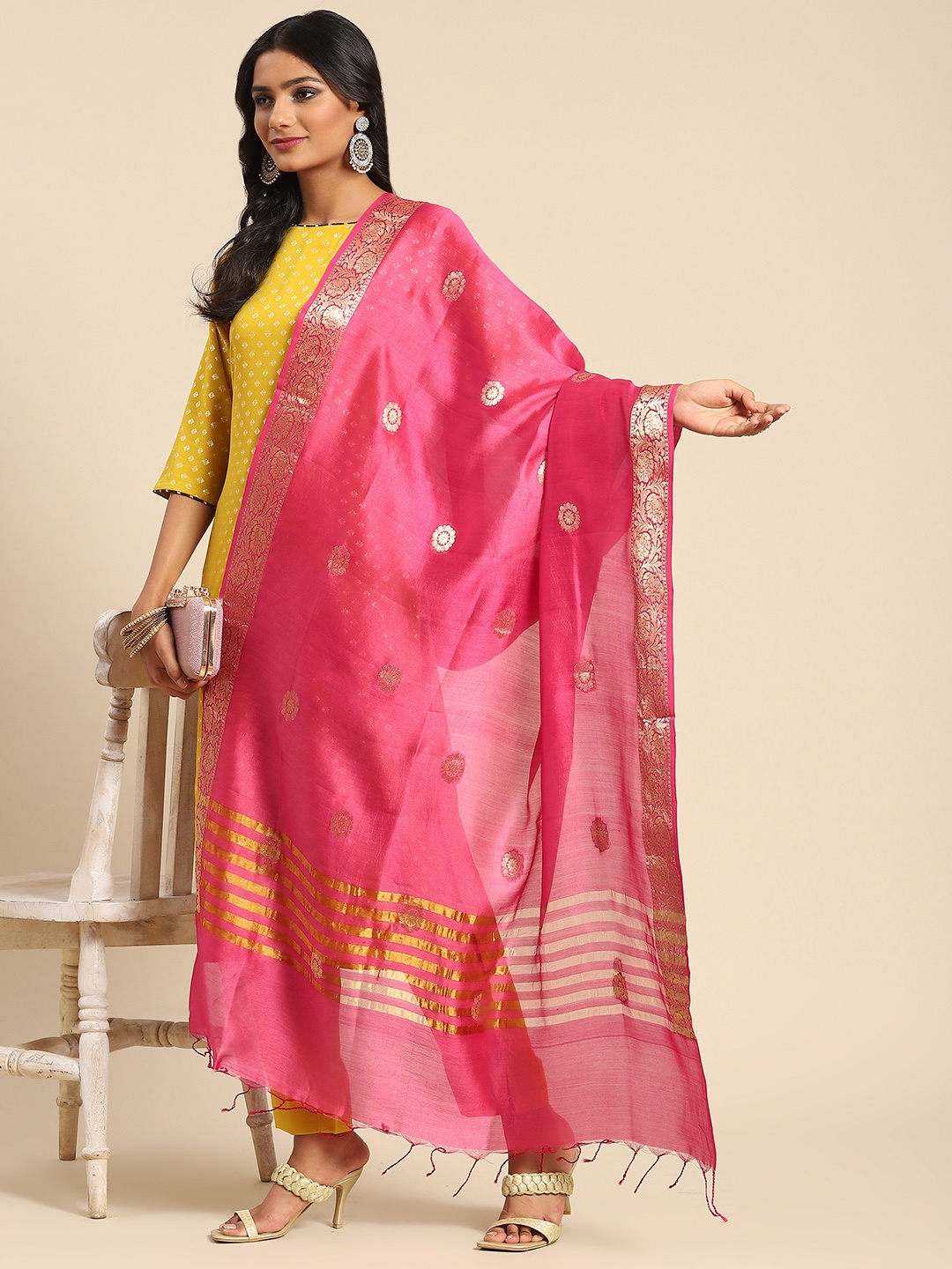 

Banarasi Style Pink & Golden Ethnic Motifs Pure Silk Banarasi Dupatta with Zari