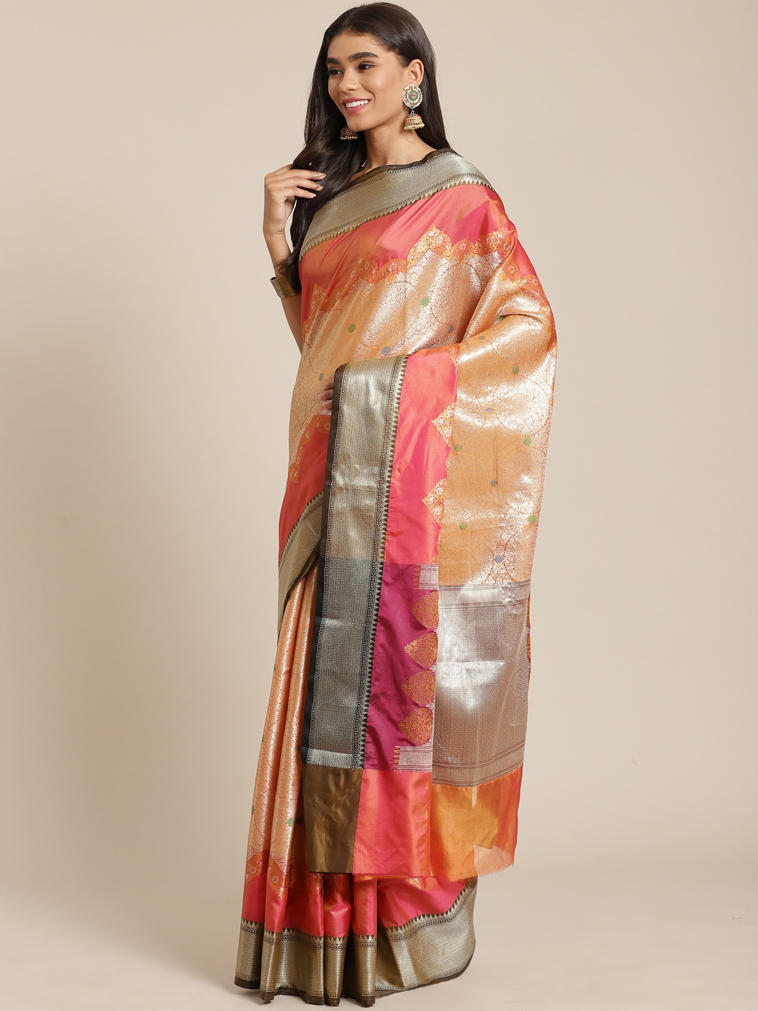 

Banarasi Style Peach-Coloured & Golden Ethnic Motifs Zari Art Silk Banarasi Saree