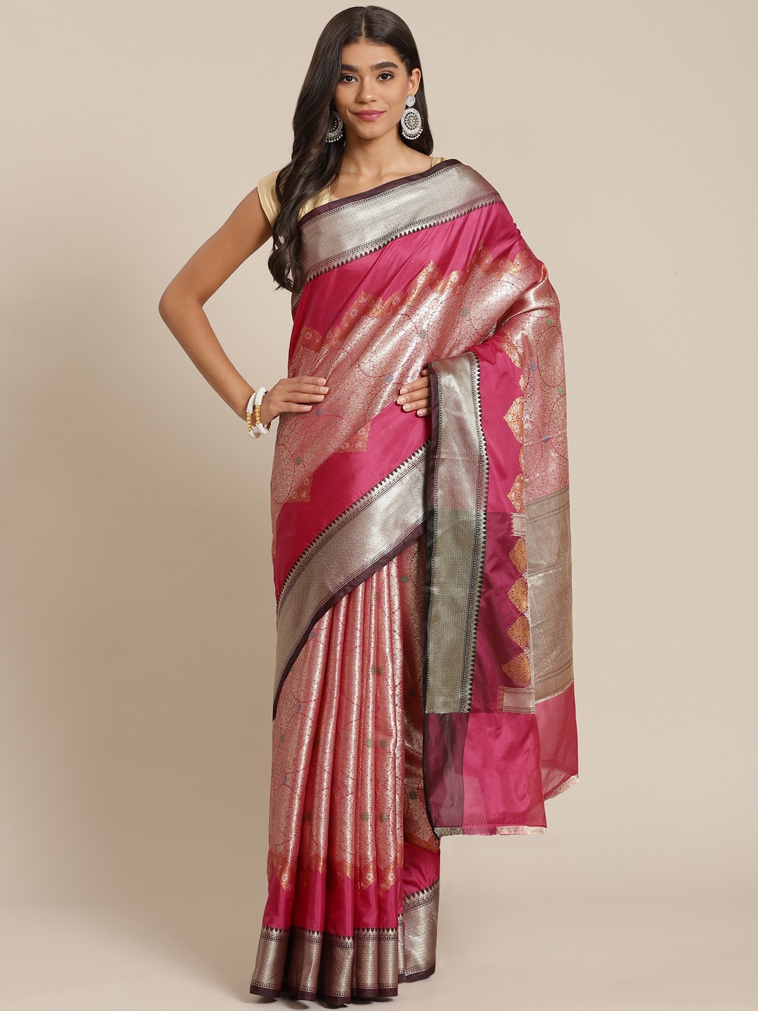 

Banarasi Style Pink & Peach-Coloured Woven Design Art Silk Banarasi Saree