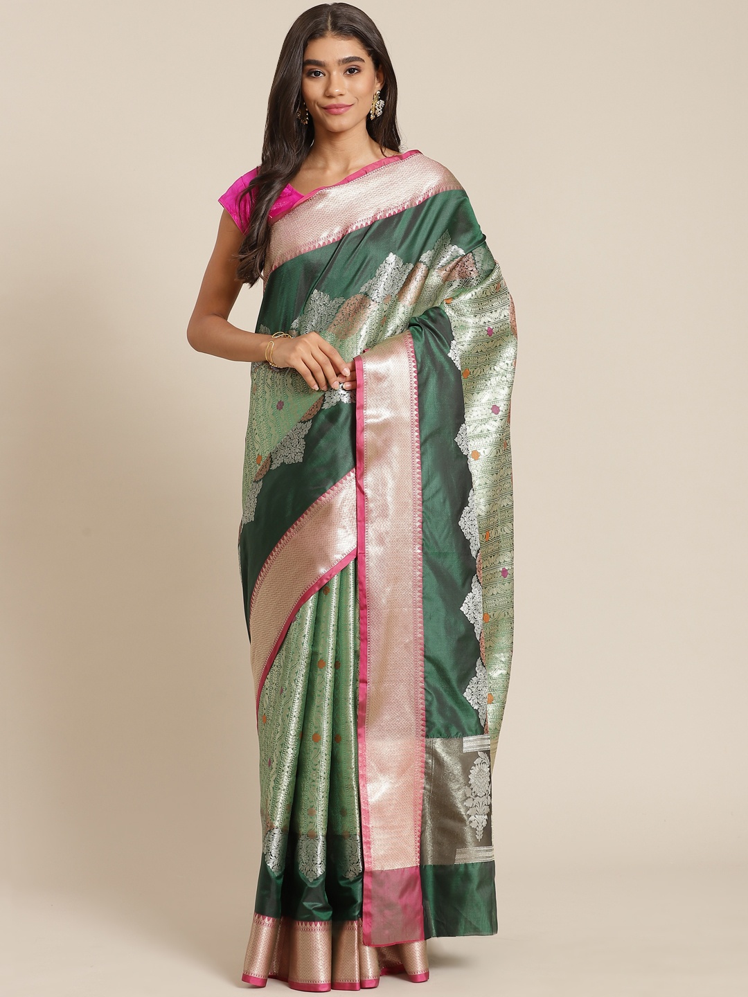 

Banarasi Style Green & Golden Ethnic Motifs Zari Art Silk Banarasi Saree