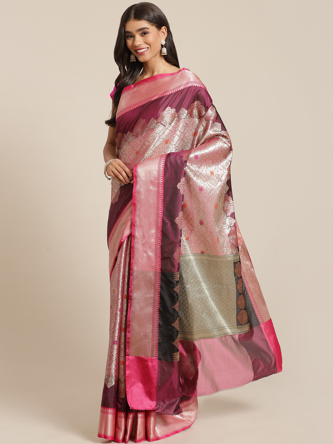 

Banarasi Style Maroon & Golden Ethnic Motifs Zari Art Silk Banarasi Saree