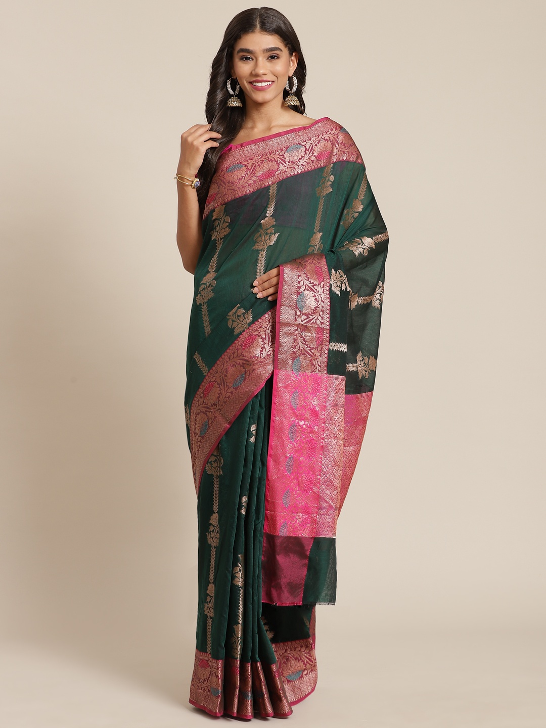 

Banarasi Style Green & Golden Ethnic Motifs Zari Silk Cotton Banarasi Saree