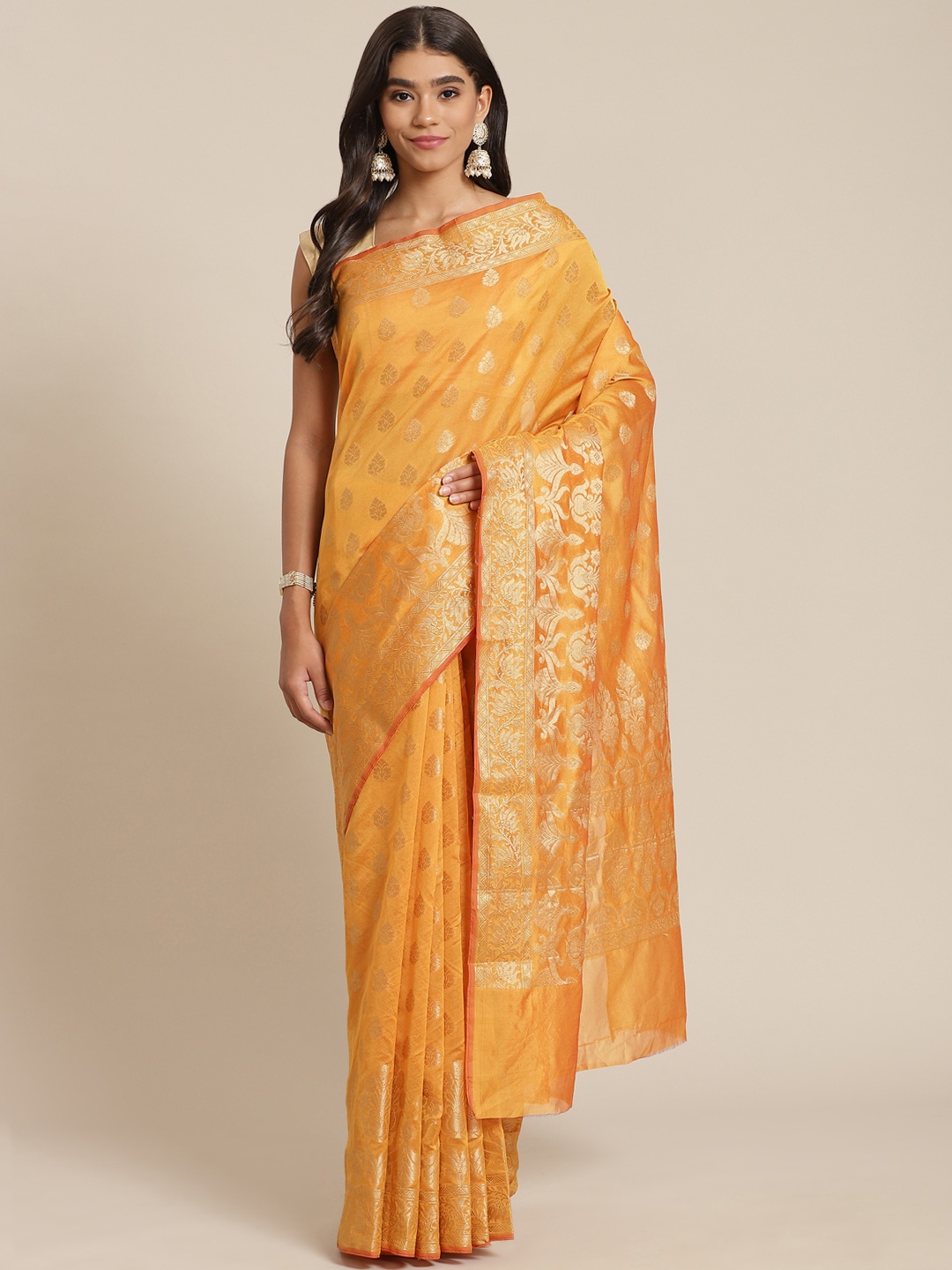 

Banarasi Style Mustard Yellow & Gold-Toned Woven Design Art Silk Banarasi Saree