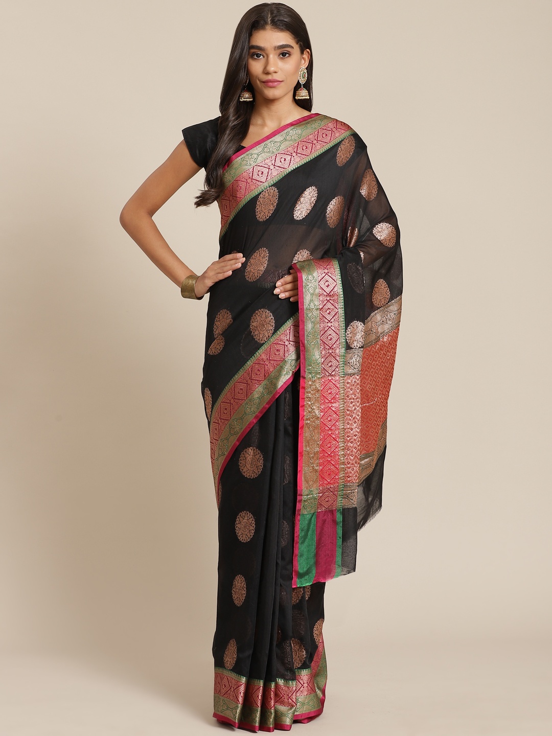 

Banarasi Style Black & Golden Ethnic Motifs Zari Silk Cotton Banarasi Saree
