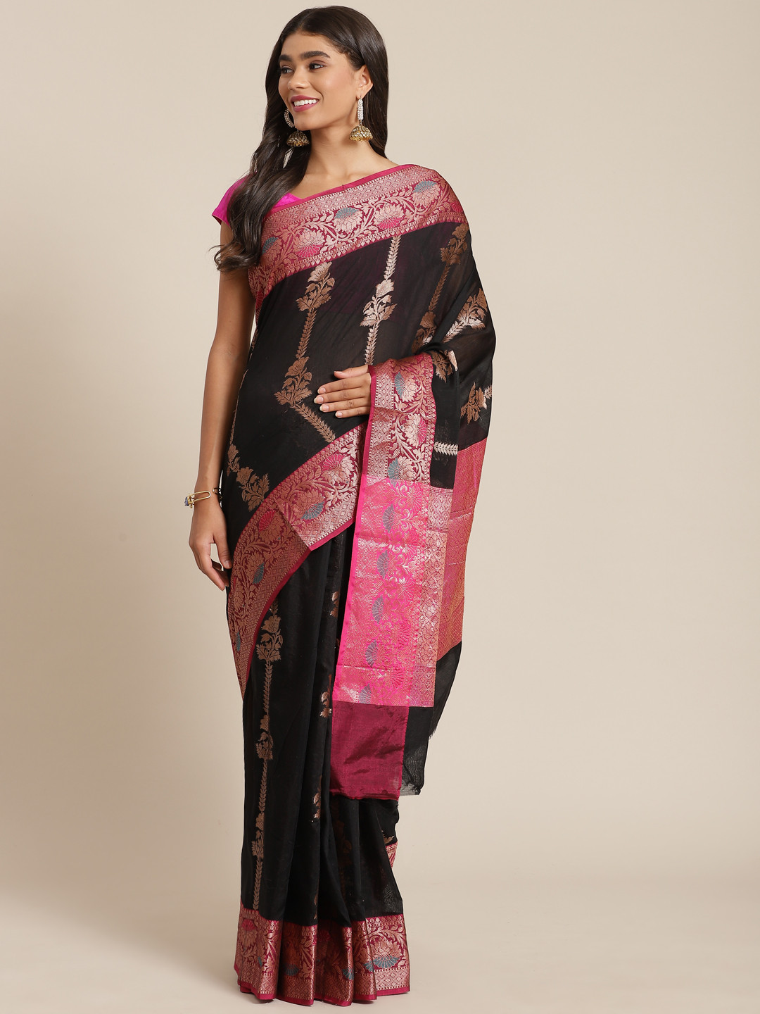 

Banarasi Style Black & Golden Ethnic Motifs Zari Silk Cotton Banarasi Saree