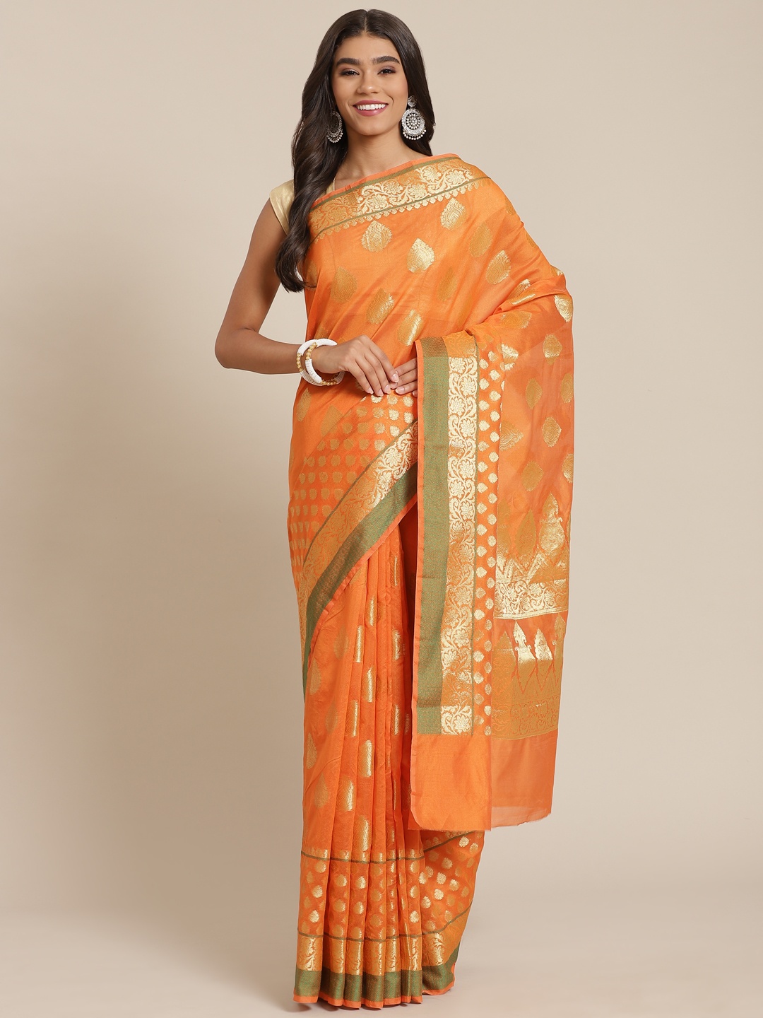 

Banarasi Style Orange & Gold-Toned Woven Design Art Silk Banarasi Saree
