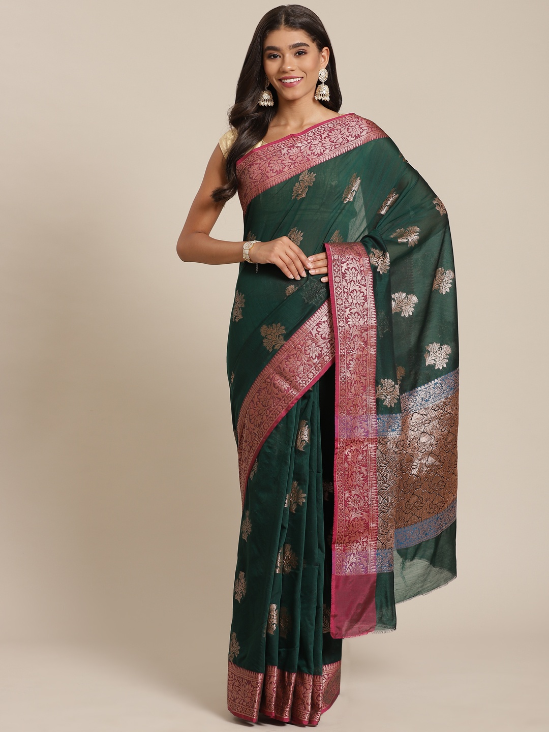 

Banarasi Style Green & Golden Ethnic Motifs Zari Silk Cotton Banarasi Saree