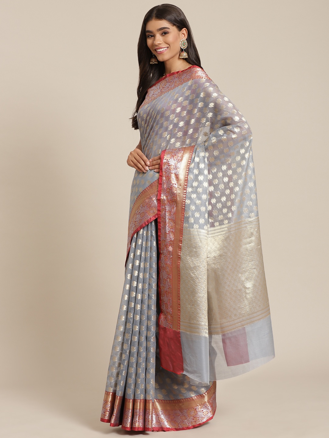 

Banarasi Style Grey & Gold-Toned Woven Design Silk Cotton Banarasi Saree
