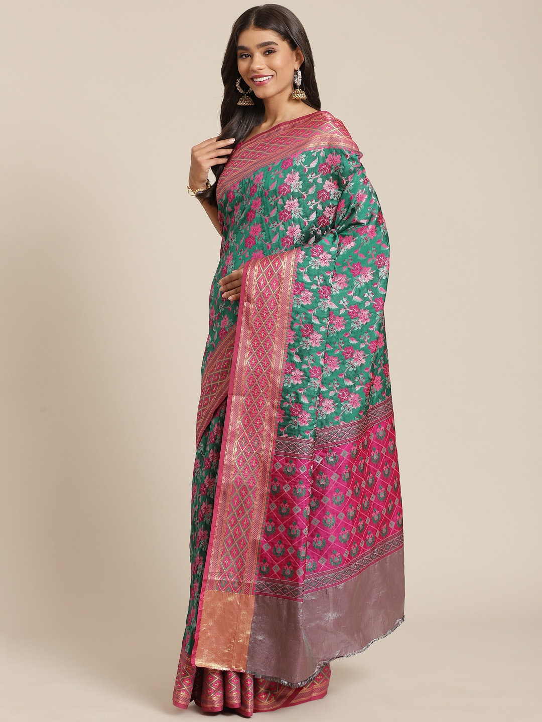 

Banarasi Style Pink & Green Ethnic Motifs Art Silk Banarasi Saree