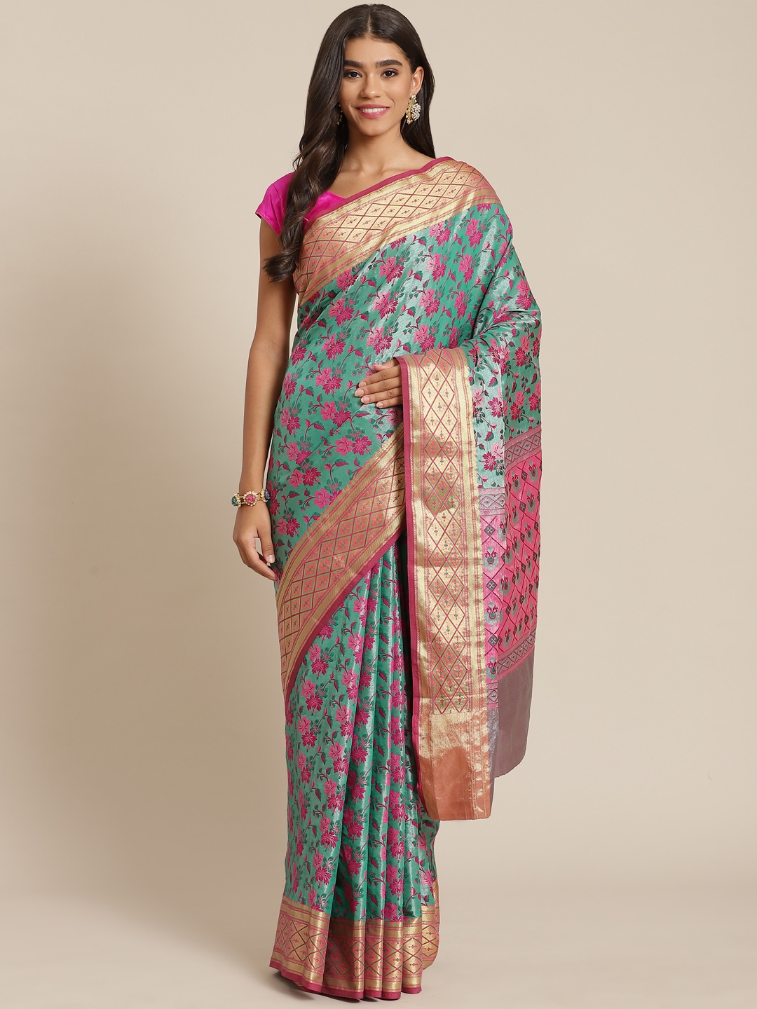 

Banarasi Style Green & Pink Floral Silk Cotton Banarasi Saree