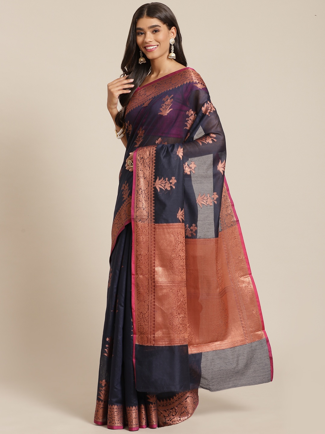 

Banarasi Style Navy Blue & Golden Ethnic Motifs Zari Silk Cotton Banarasi Saree