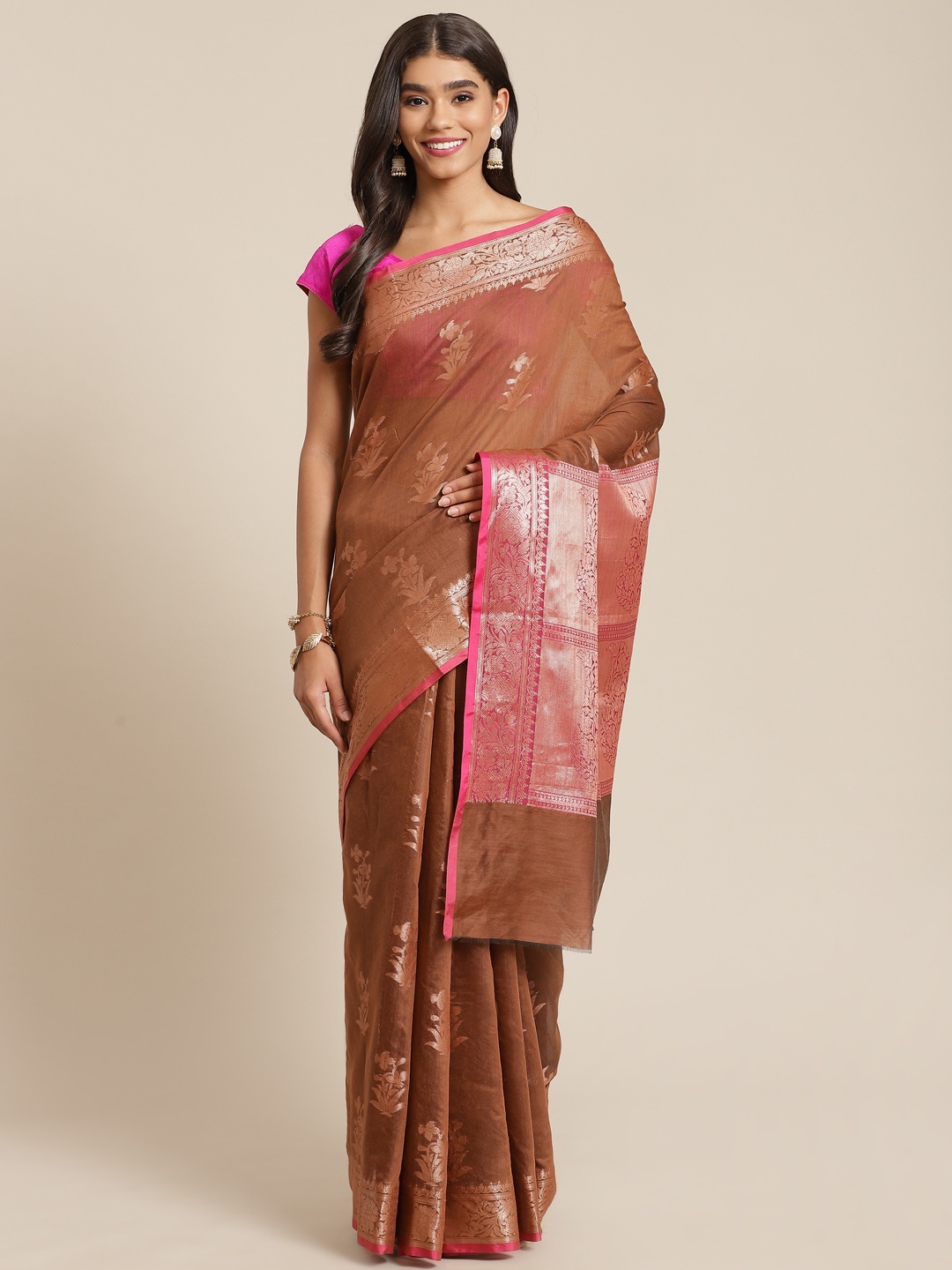 

Banarasi Style Brown & Golden Ethnic Motifs Zari Silk Cotton Banarasi Saree