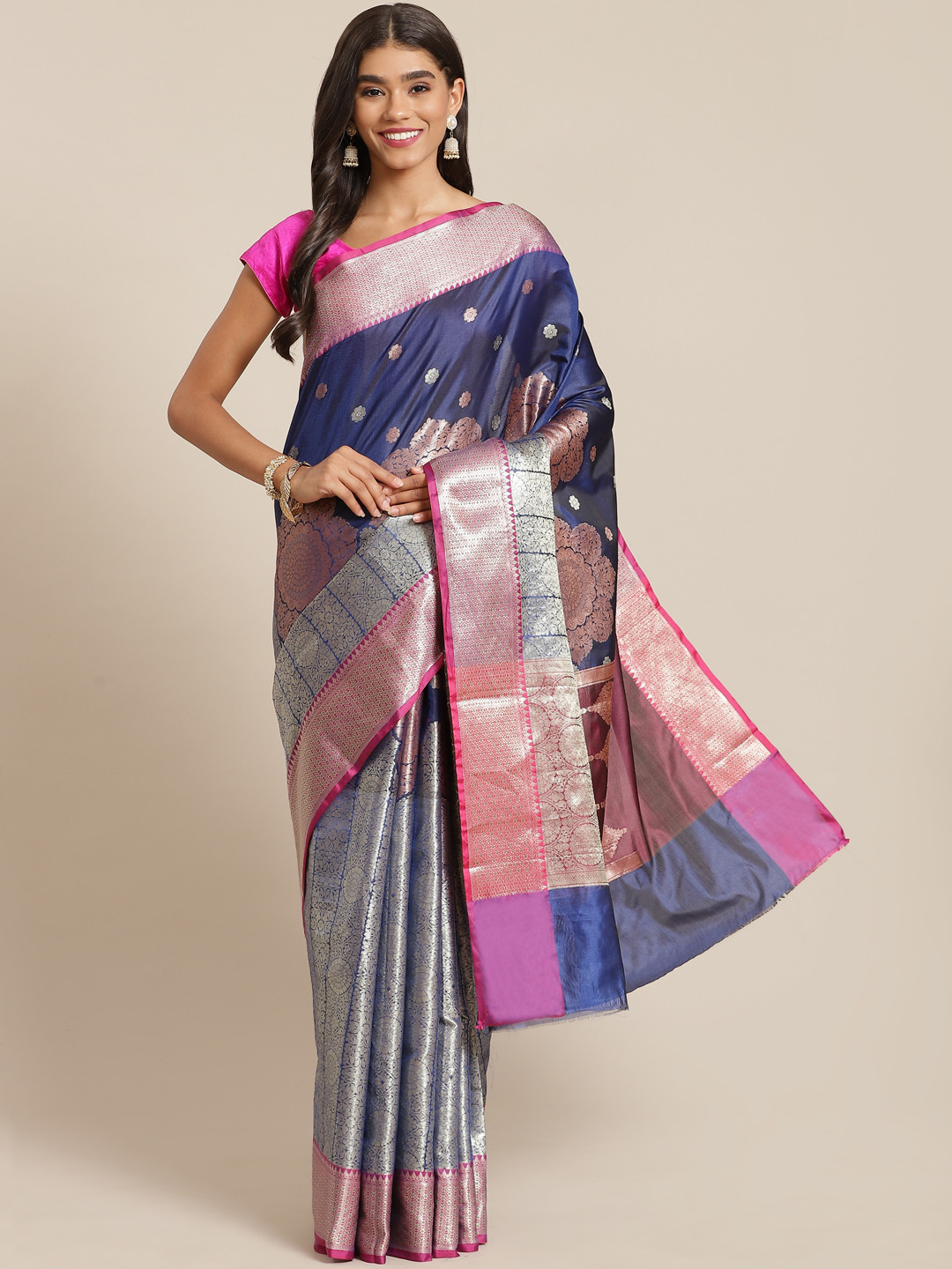 

Banarasi Style Blue & Silver-Coloured Ethnic Motifs Zari Art Silk Banarasi Saree