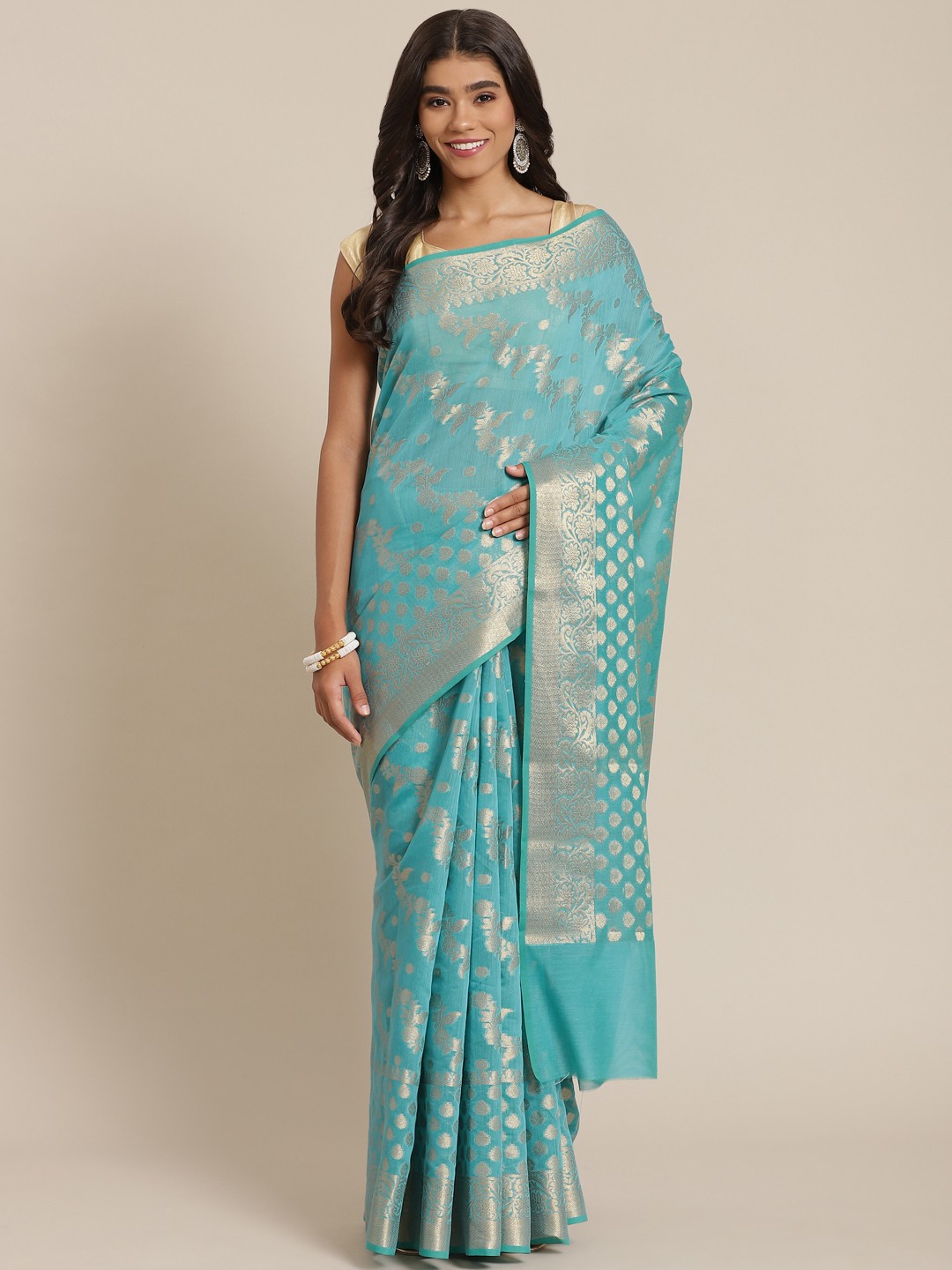 

Banarasi Style Blue & Gold-Toned Woven Design Silk Cotton Banarasi Saree