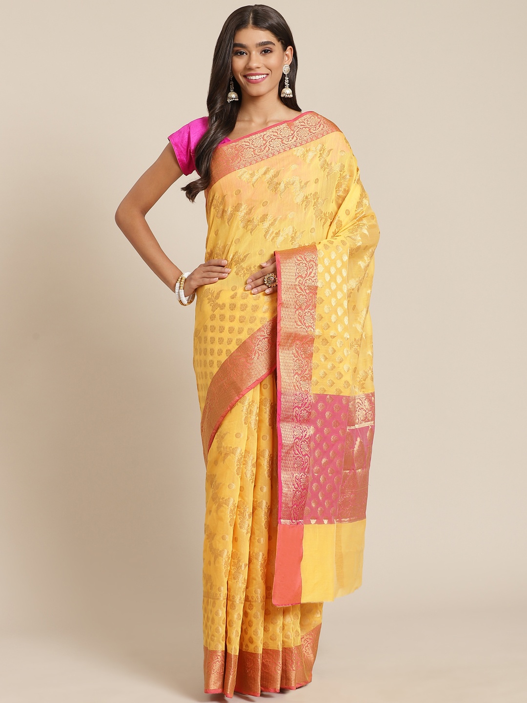 

Banarasi Style Yellow & Pink Woven Design Silk Cotton Banarasi Saree