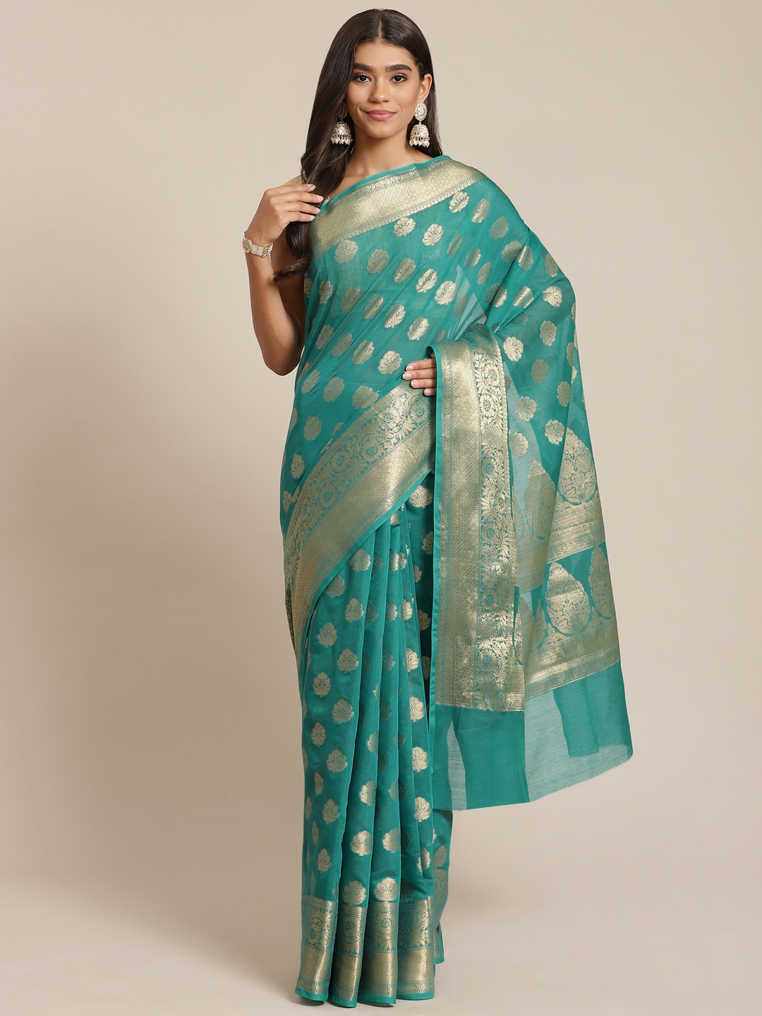 

Banarasi Style Green & Gold-Toned Woven Design Silk Cotton Banarasi Saree