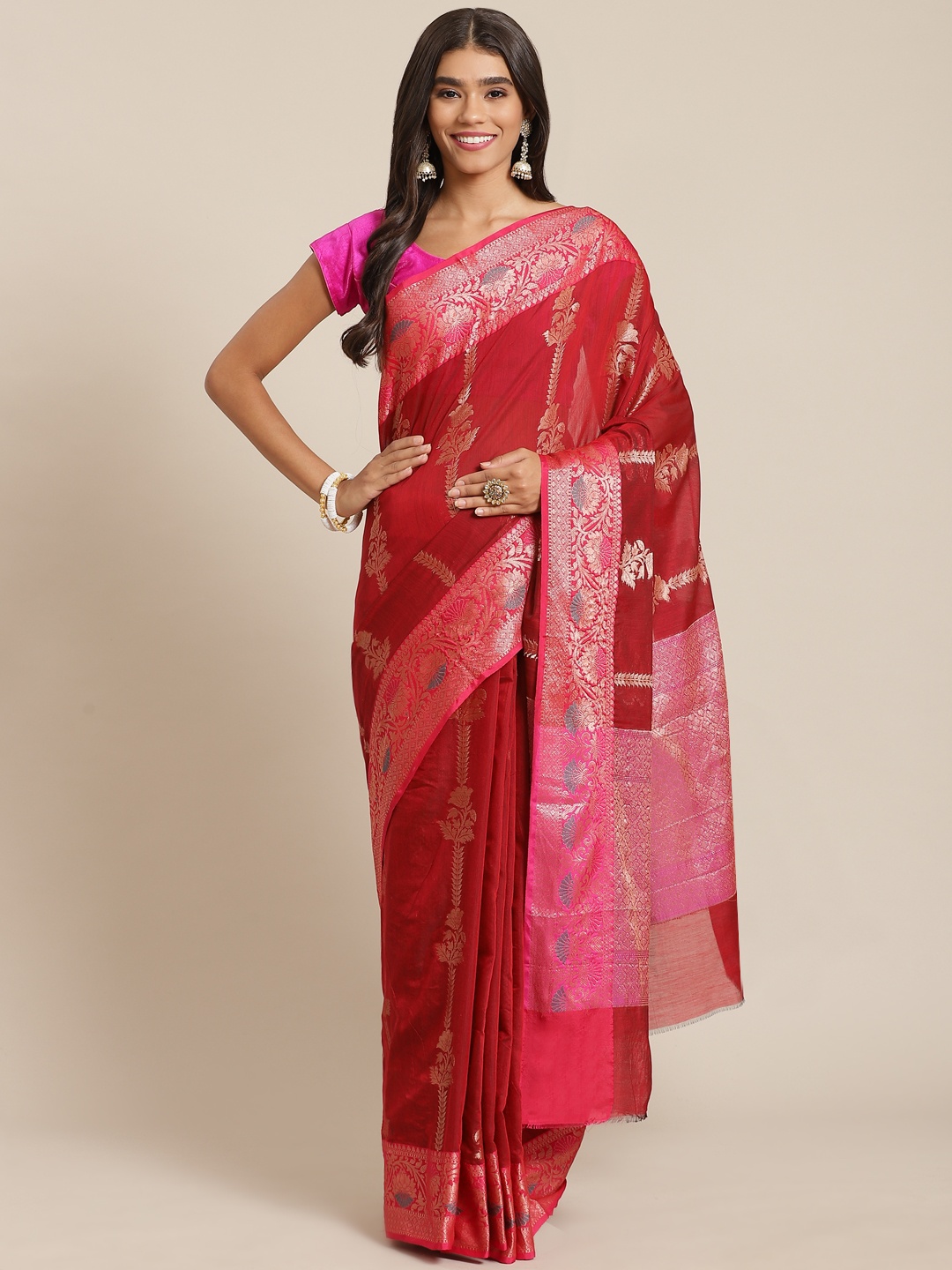 

Banarasi Style Maroon & Golden Ethnic Motifs Zari Silk Cotton Banarasi Saree