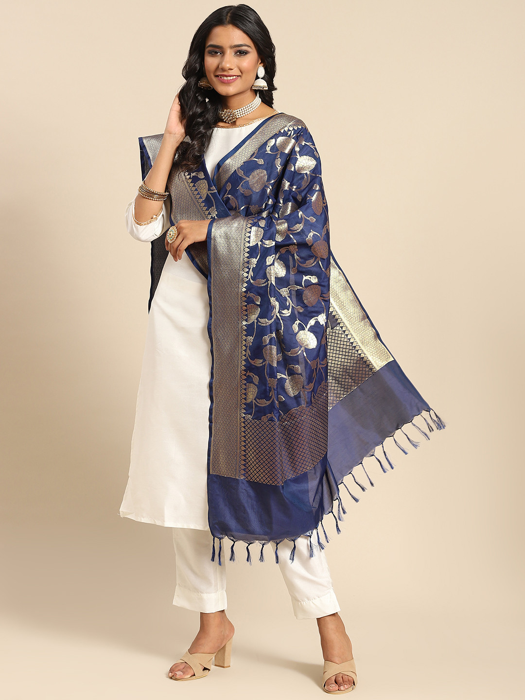 

Banarasi Style Navy Blue & Golden Ethnic Motifs Woven Design Banarasi Dupatta with Zari