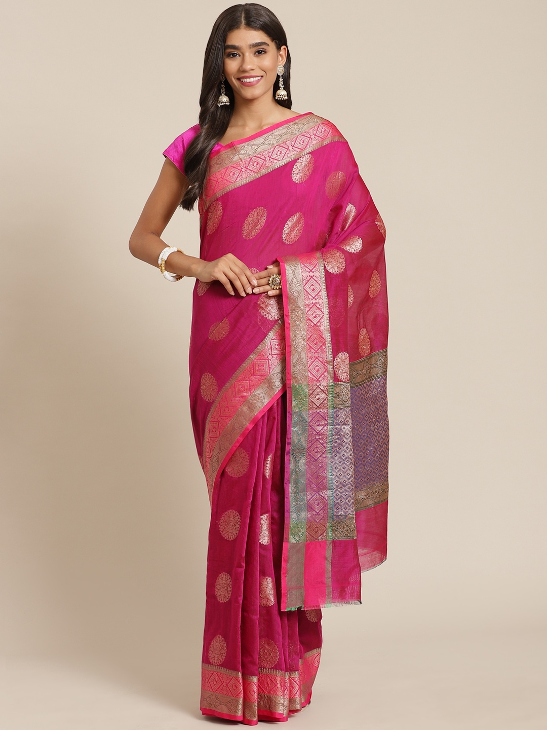 

Banarasi Style Pink & Golden Ethnic Motifs Zari Silk Cotton Banarasi Saree