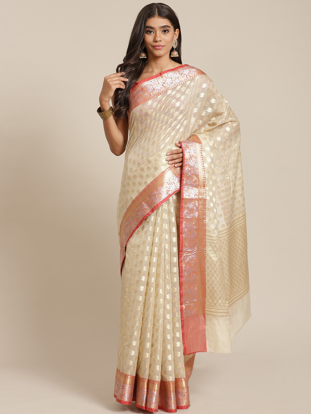 

Banarasi Style Beige Woven Design Silk Cotton Banarasi Saree