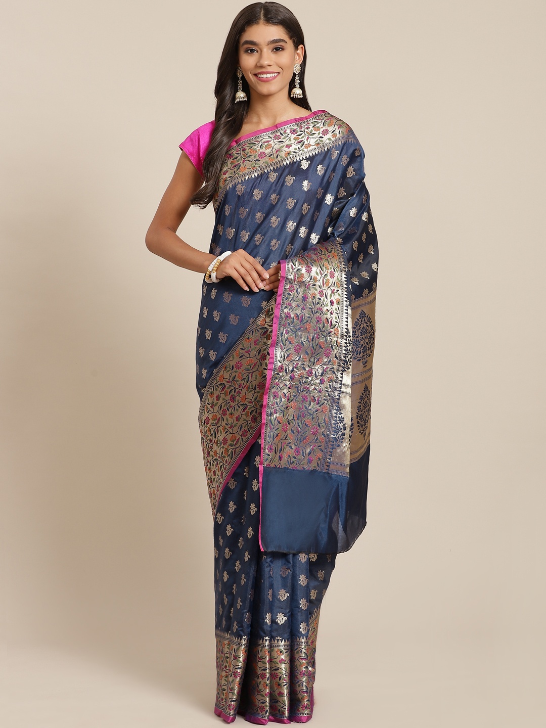 

Banarasi Style Blue & Golden Ethnic Motifs Zari Art Silk Banarasi Saree