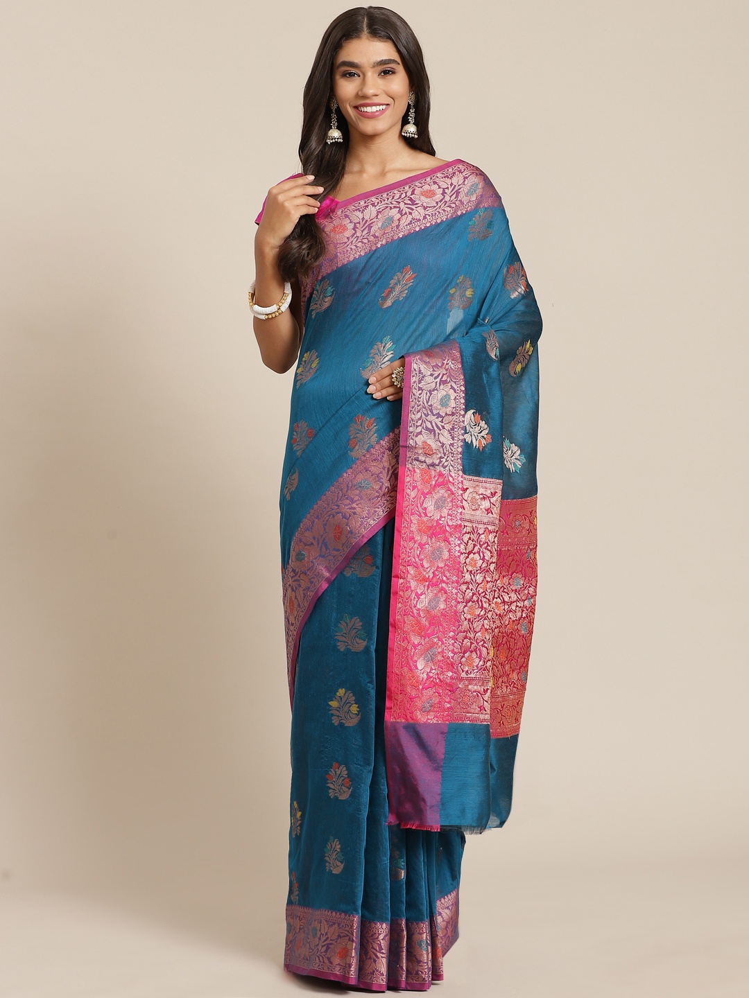 

Banarasi Style Teal Blue & Golden Ethnic Motifs Zari Silk Cotton Banarasi Saree