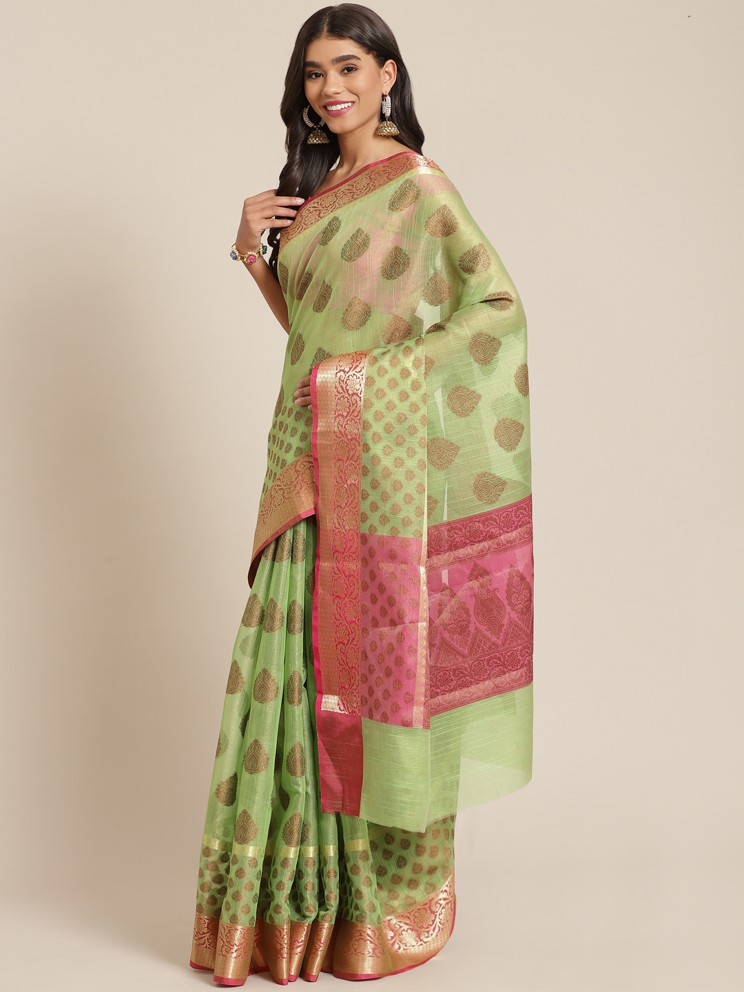 

Banarasi Style Green & Pink Woven Design Art Silk Banarasi Saree