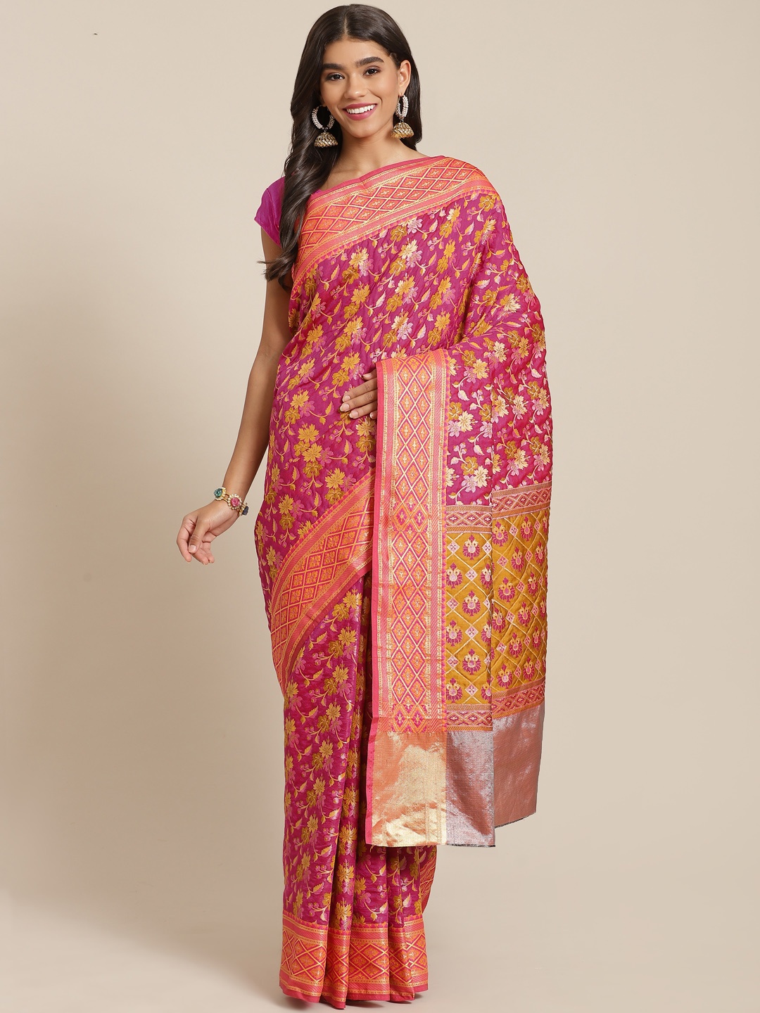 

Banarasi Style Mustard & Pink Ethnic Motifs Zari Art Silk Banarasi Saree