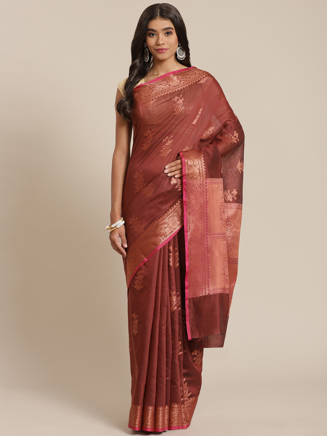 

Banarasi Style Rust Brown Woven Design Silk Cotton Banarasi Saree