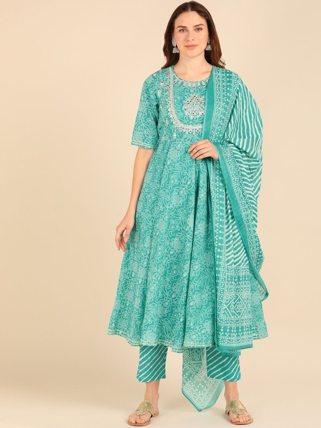 

VEDANA Women Turquoise Blue Bandhani Printed Panelled Mirror Work Pure Cotton Kurta with Trousers & With