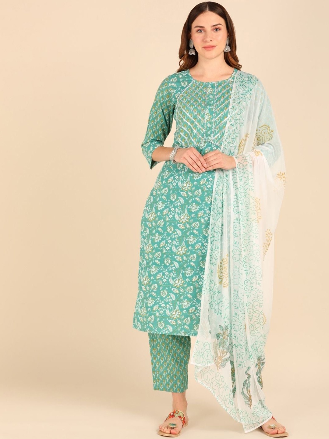 

VEDANA Women Green Ethnic Motifs Embroidered Panelled Gotta Patti Pure Cotton Kurti with Trousers & With