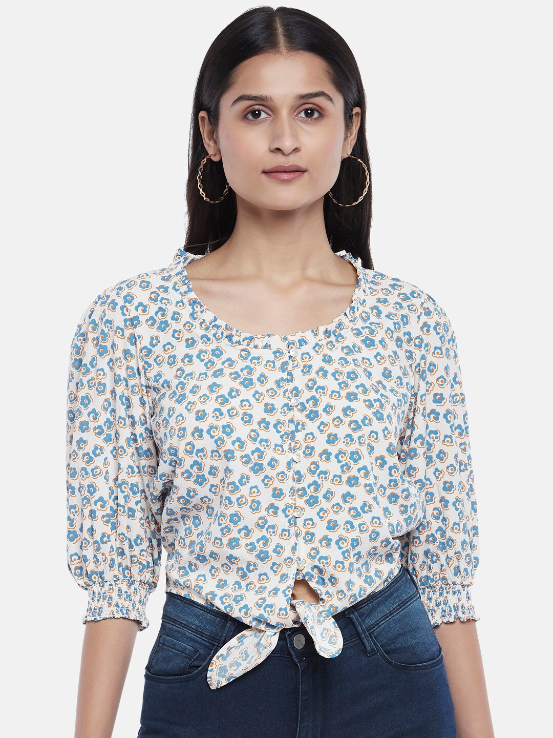 

People Off White & Blue Floral Print Waist Tie-Up Top