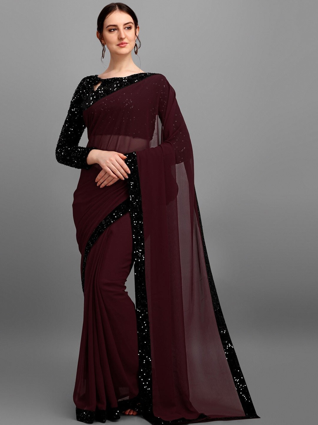 

PMD Fashion Burgundy & Black Solid Sequinned Georgette Saree