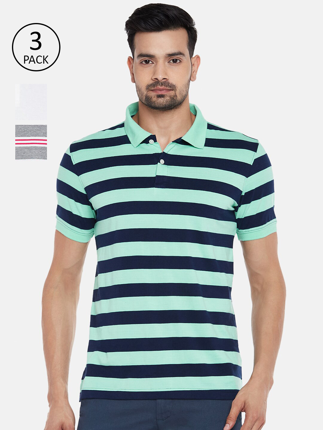 

BYFORD by Pantaloons Men Set Of 3 Striped Polo Collar Slim Fit T-shirt, Multi