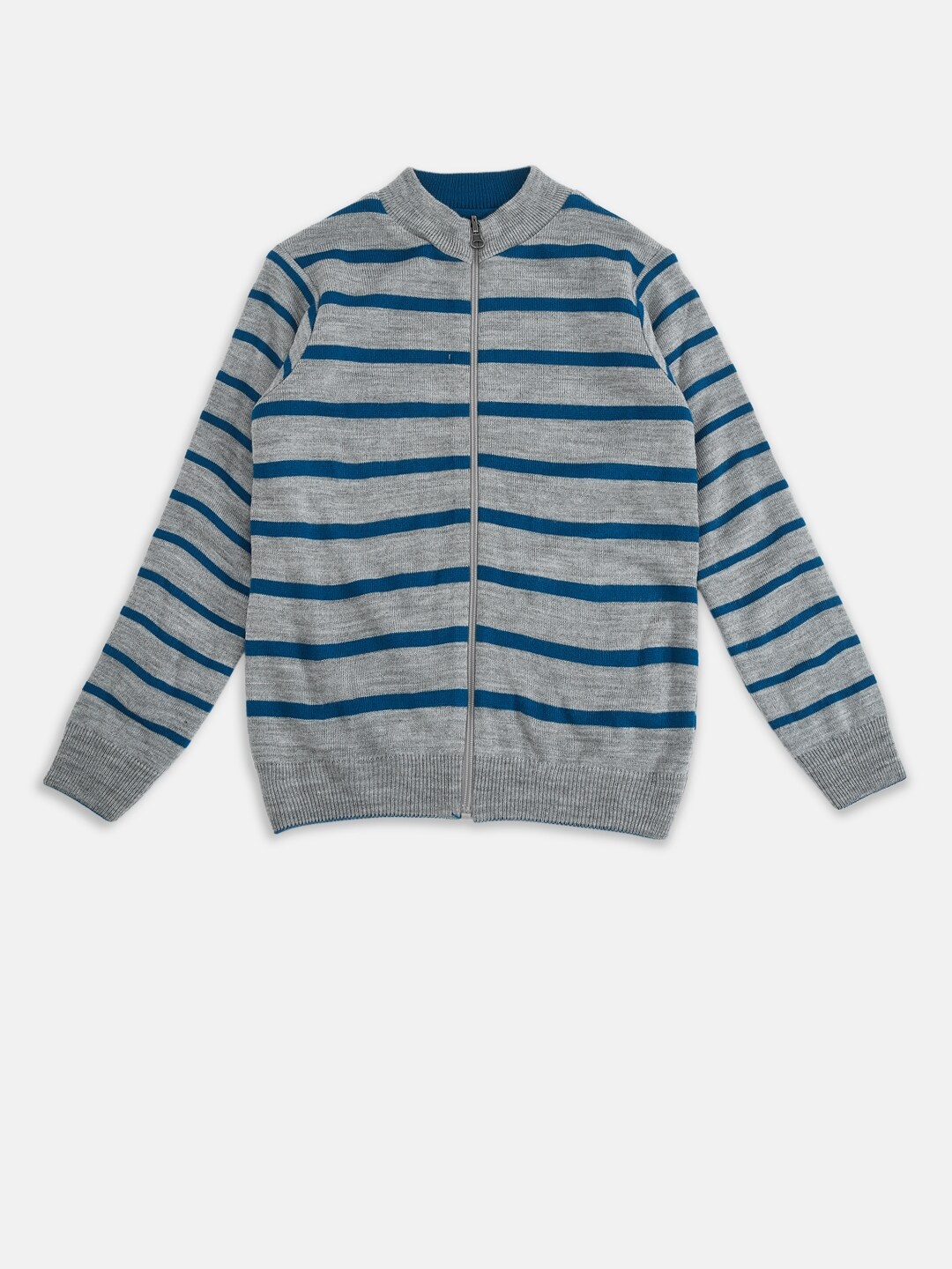 

Pantaloons Junior Boys Grey Melange & Blue Striped Pure Acrylic Front-Open Sweater