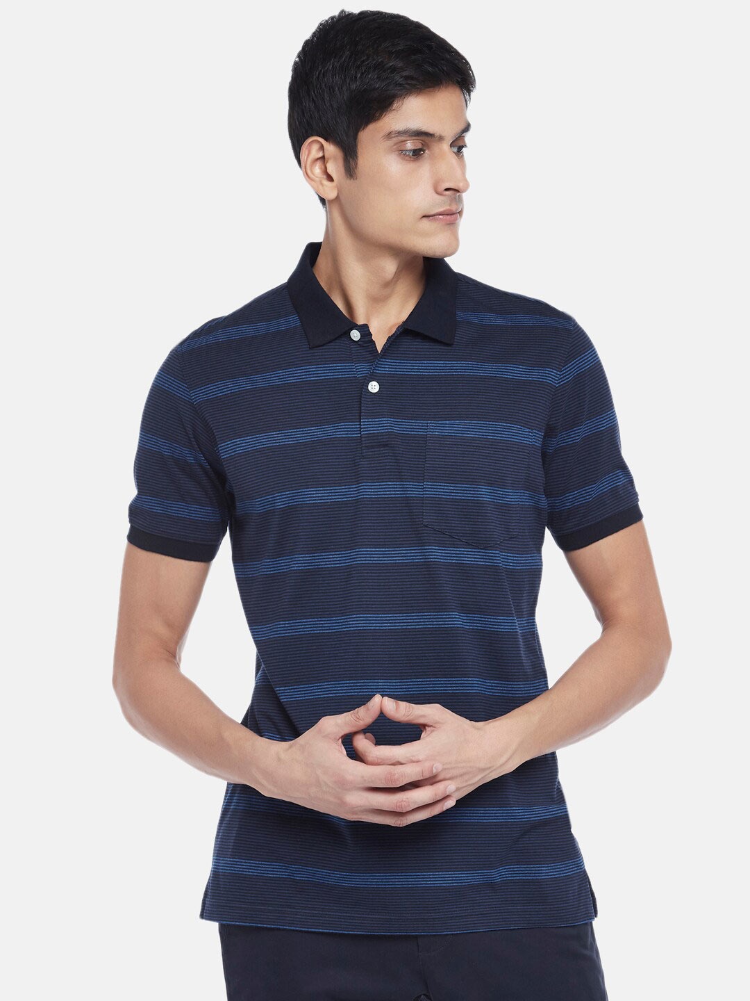 

BYFORD by Pantaloons Men Navy Blue Striped Polo Collar Slim Fit T-shirt