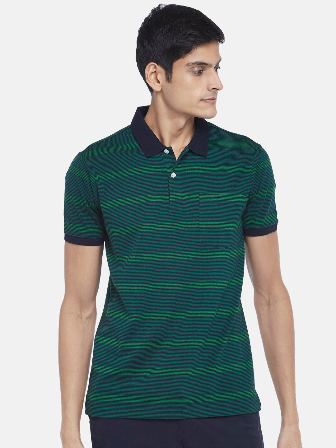 

BYFORD by Pantaloons Men Green & Navy Blue Striped Polo Collar Slim Fit T-shirt