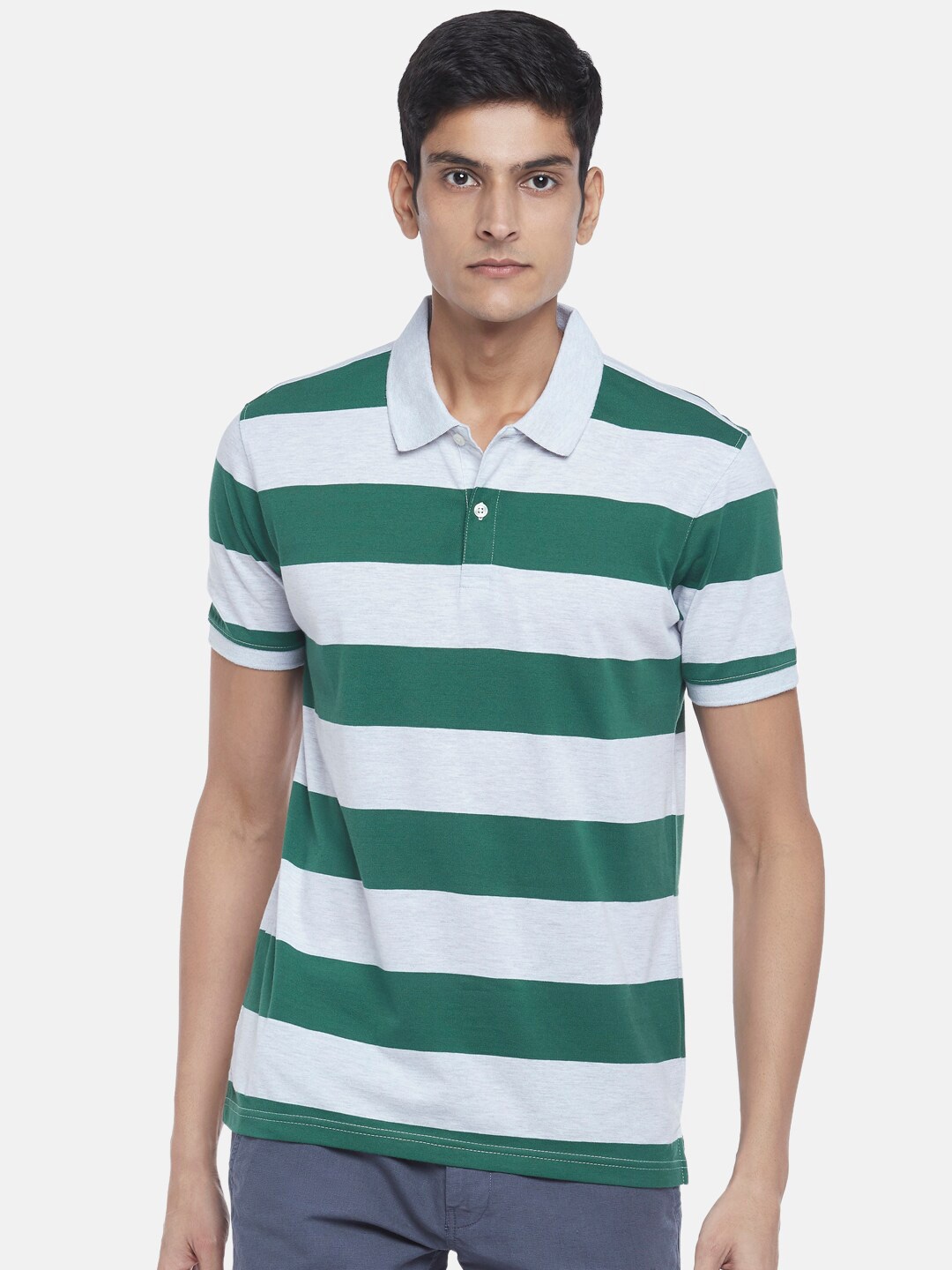 

BYFORD by Pantaloons Men Green & White Striped T-shirt