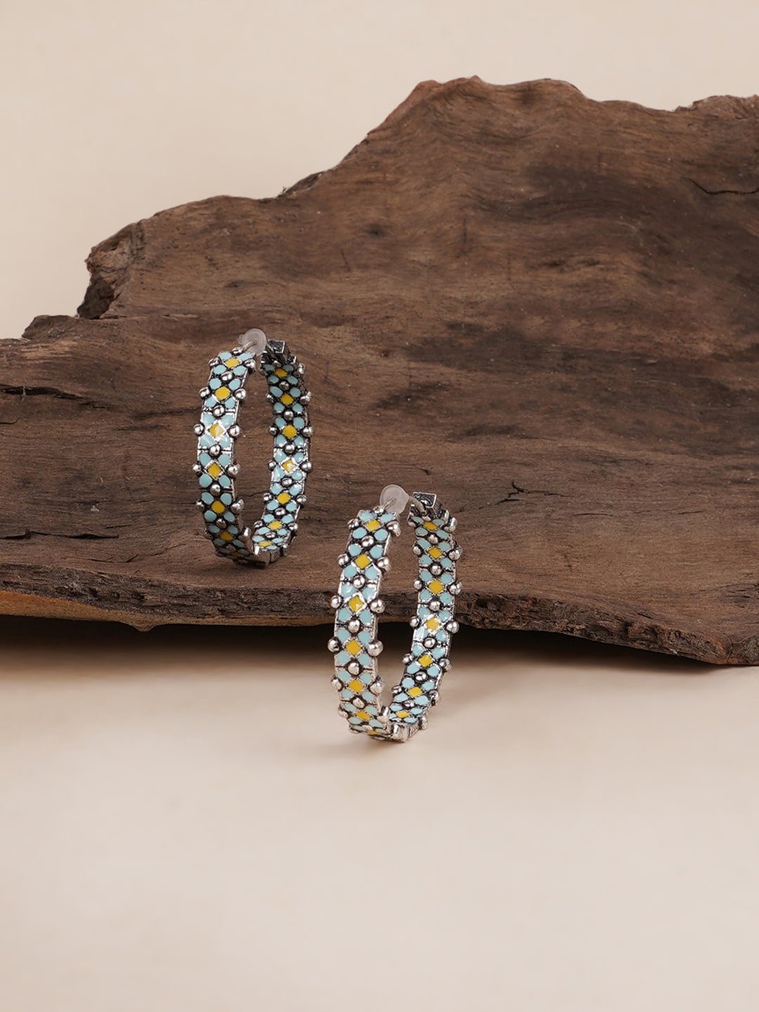 

Voylla Turquoise Blue & Yellow Circular Hoop Earrings