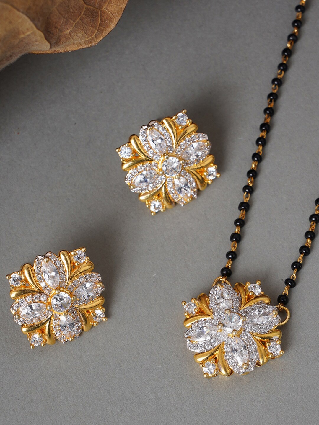 

Voylla Women American Diamond CZ Beaded Mangalsutra With Earrings, Gold