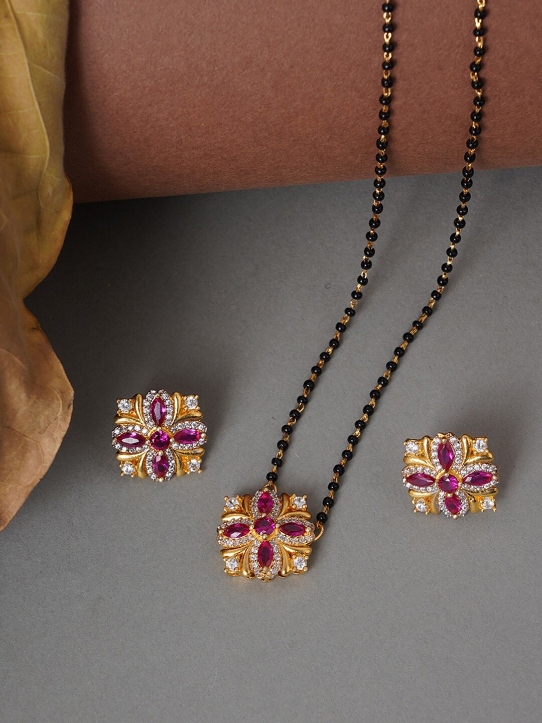 

Voylla Gold-Plated American Diamond CZ Beaded Mangalsutra With Earrings