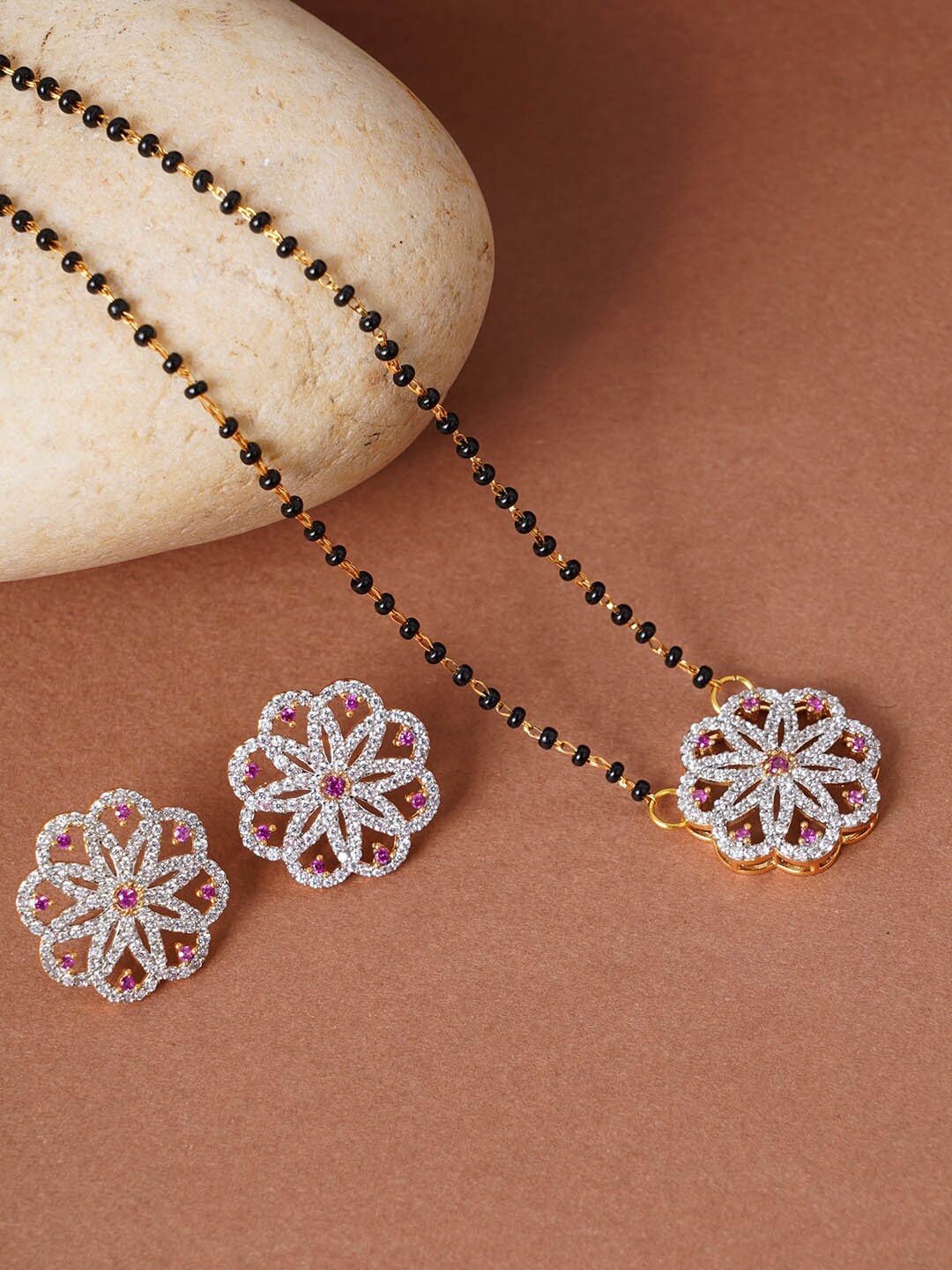 

Voylla Gold-Plated Black American Diamond CZ Beaded Mangalsutra with Earrings