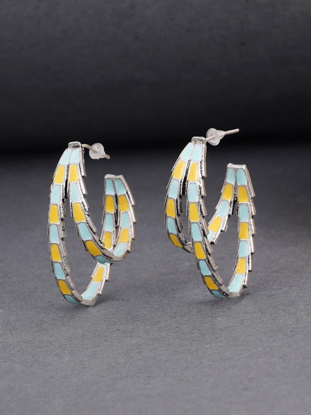 

Voylla Yellow & Blue Silver-Plated Half Hoop Earrings