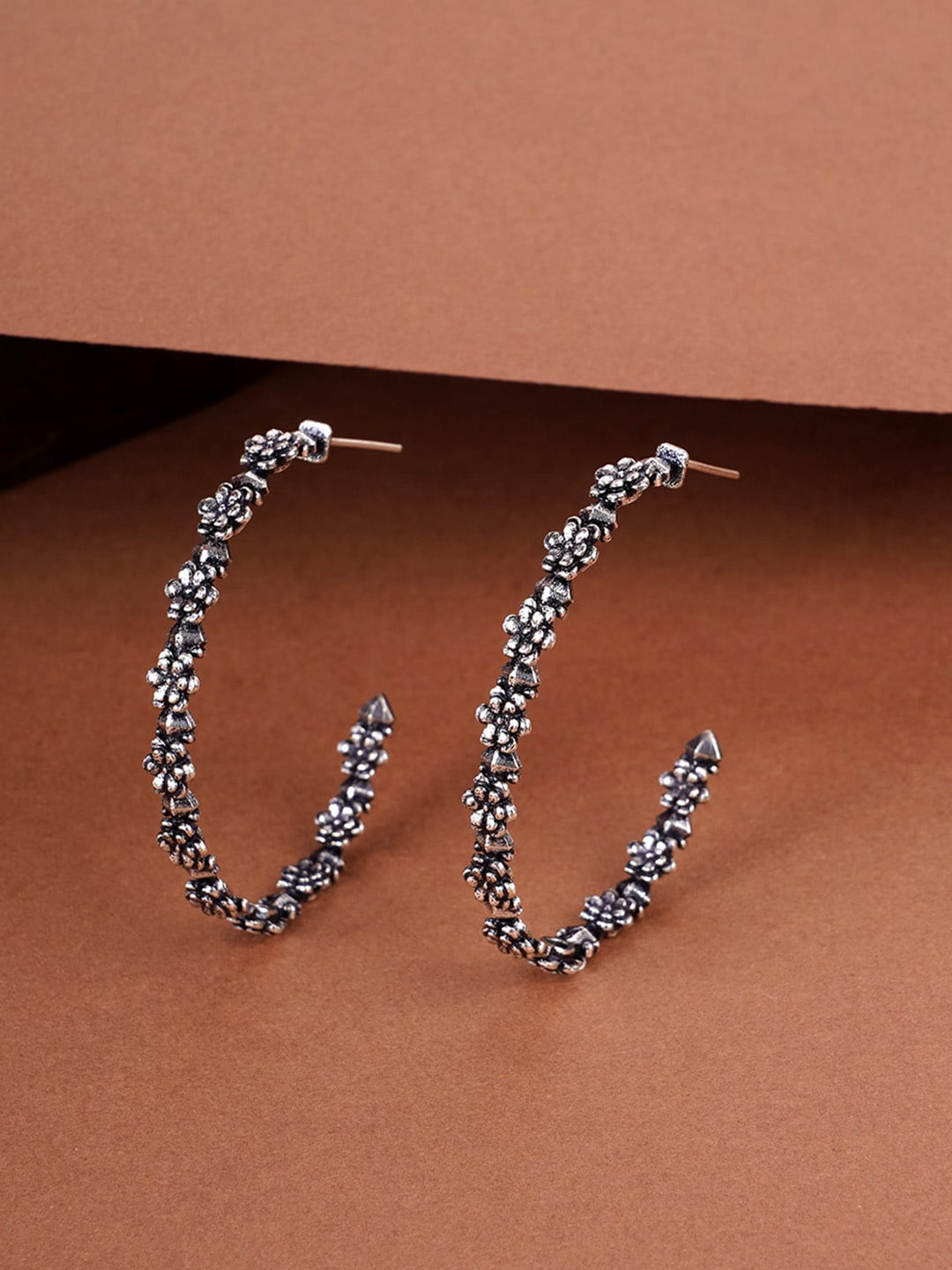 

Voylla Silver-Toned & Black Trendy Hoops Rounded Earrings