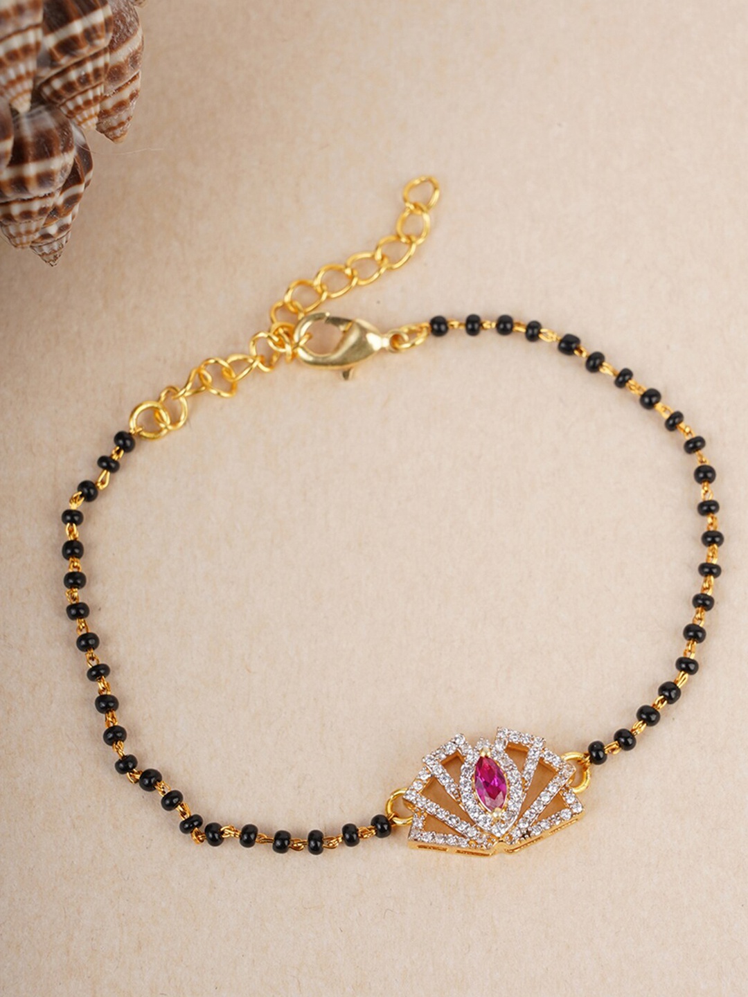 

Voylla Women Black & Silver Gold-Plated AD CZ Beaded Mangalsutra Bracelet