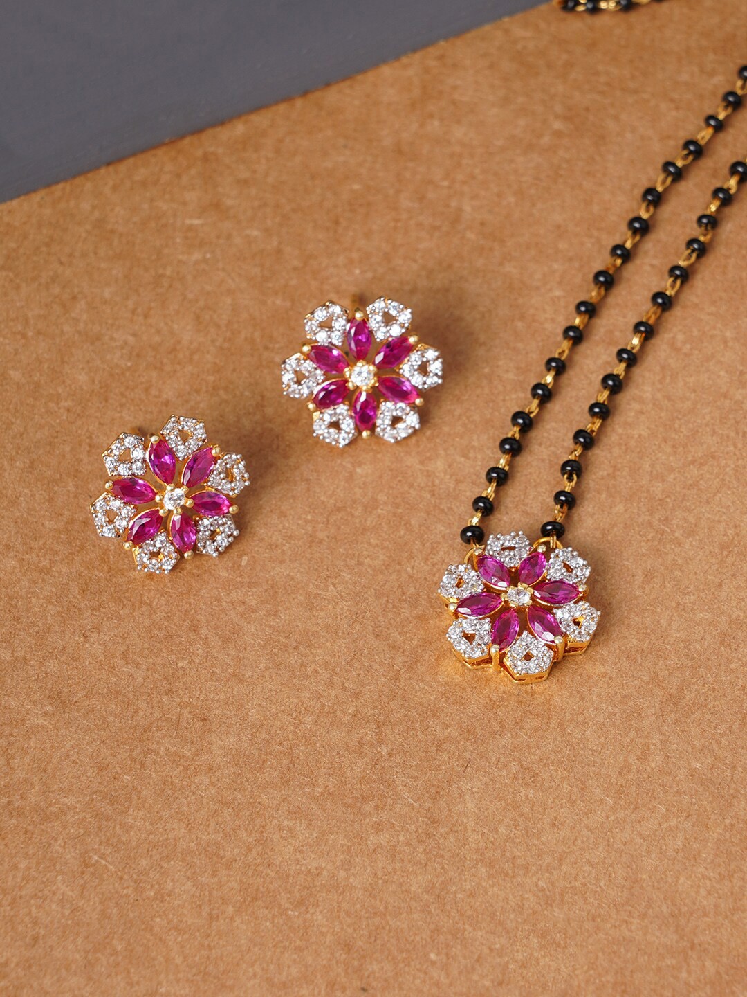 

Voylla Gold-Plated American Diamond CZ Beaded Mangalsutra with Earrings