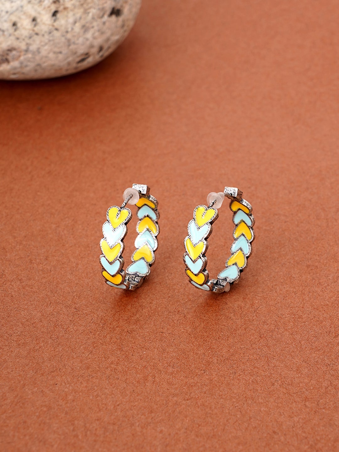

Voylla Silver-Toned & Yellow Geometric Trendy Hoop Earrings